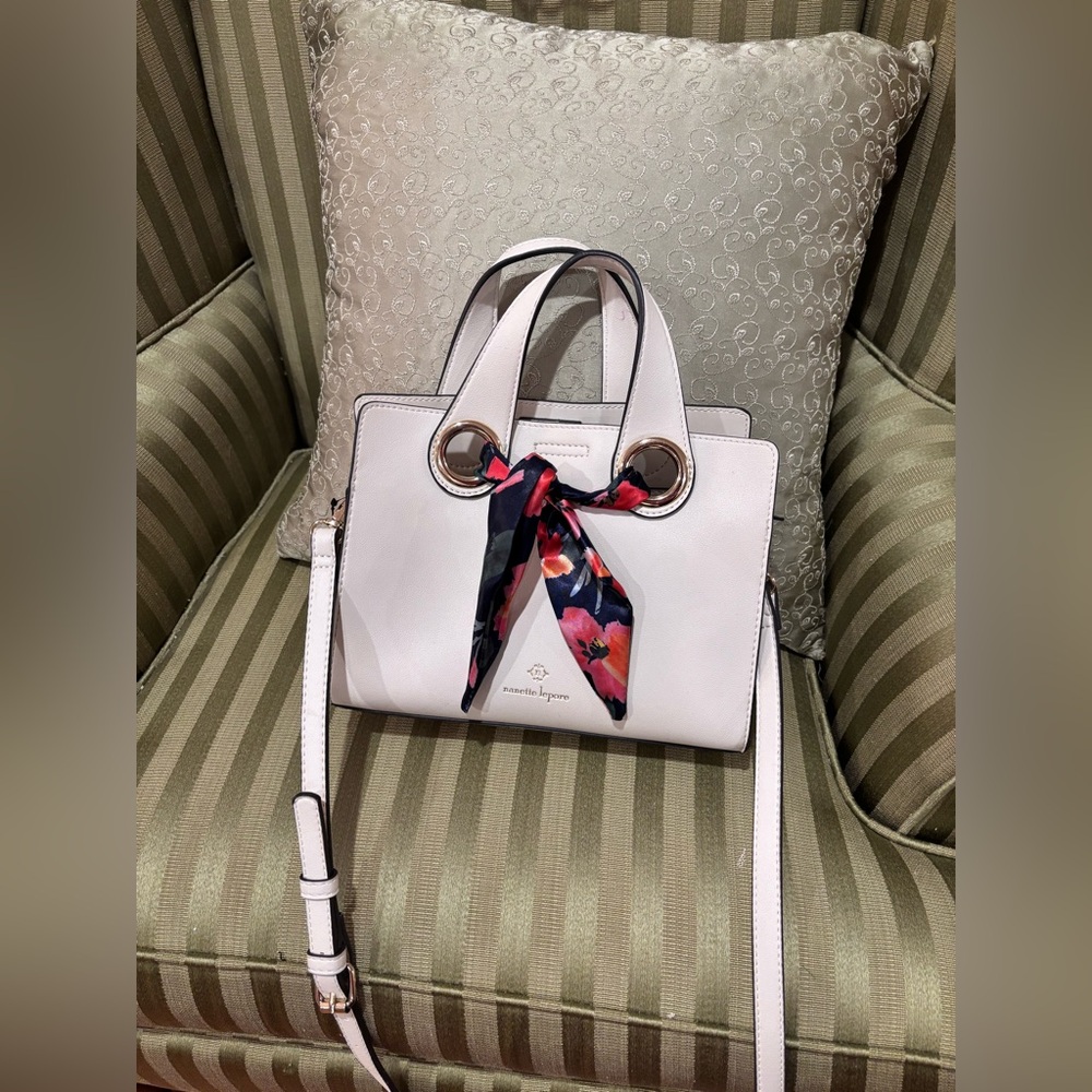 Nanette Lepore White Leather‎ Handbag with Floral Scarf